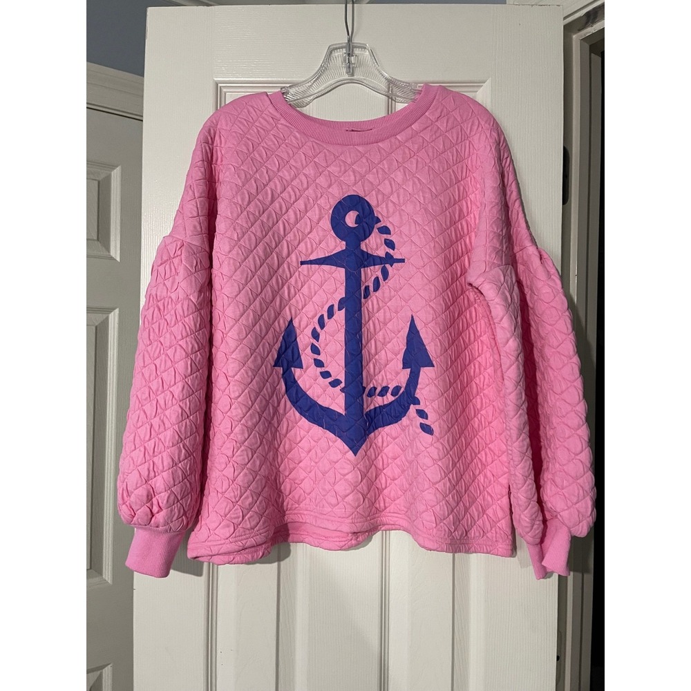 Judith March Sz Lg Pink Quilted Anchor Sweatshirt Oversized Nautical Cozy - Picture 7 of 7